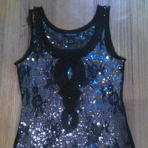 White House Black Market Silver Mesh Sequin Tank Top w/Black Lace Overlay Small